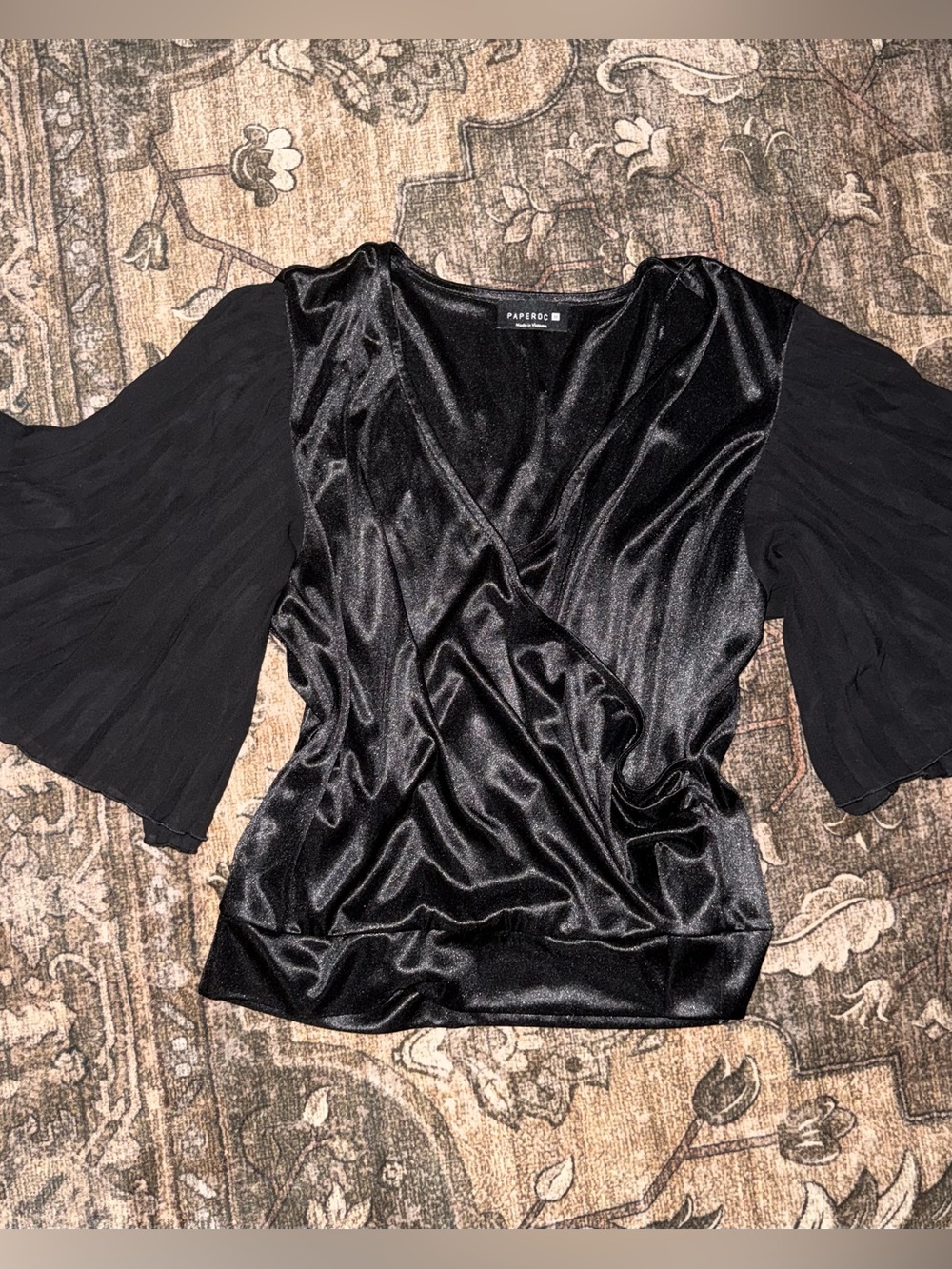 Black Satin Wrap Blouse with Sheer Pleated Sleeves